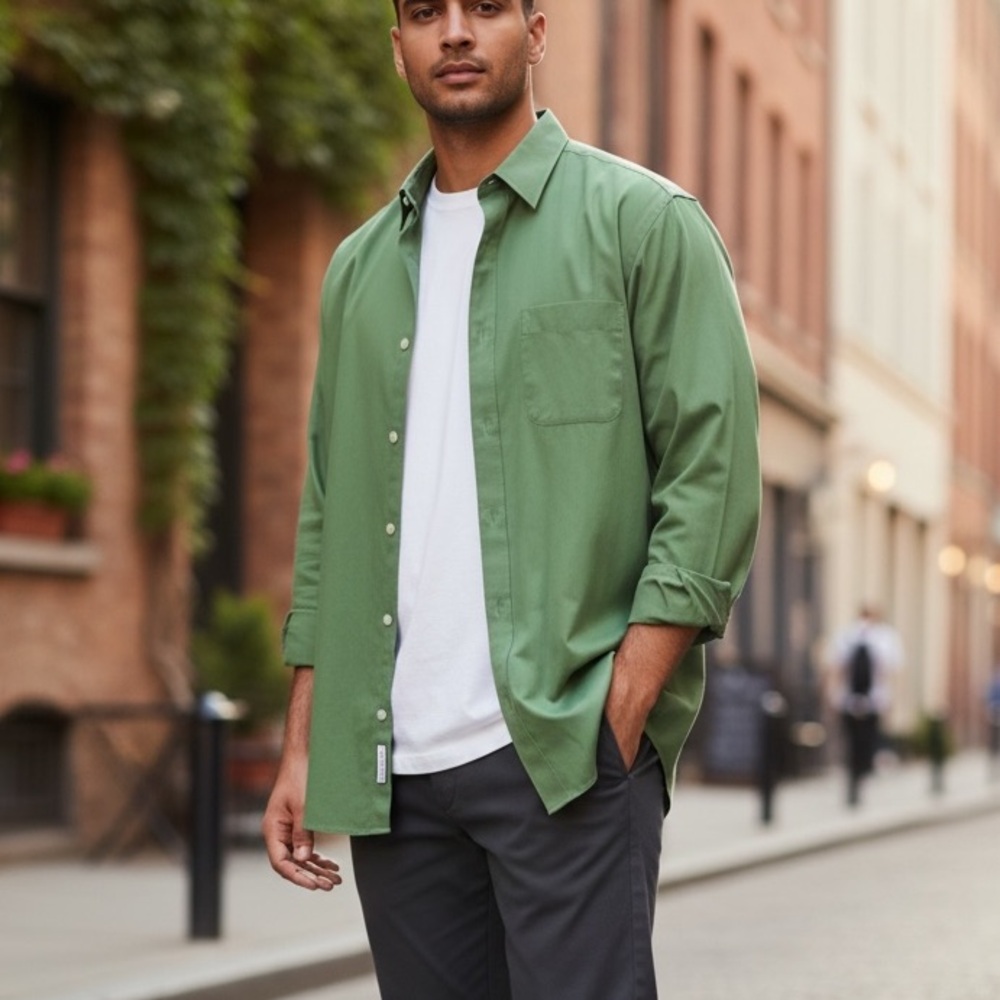 STAFFORD Essentials Men's size 17-17 1/2 Sage Green Classic Fit Shirt